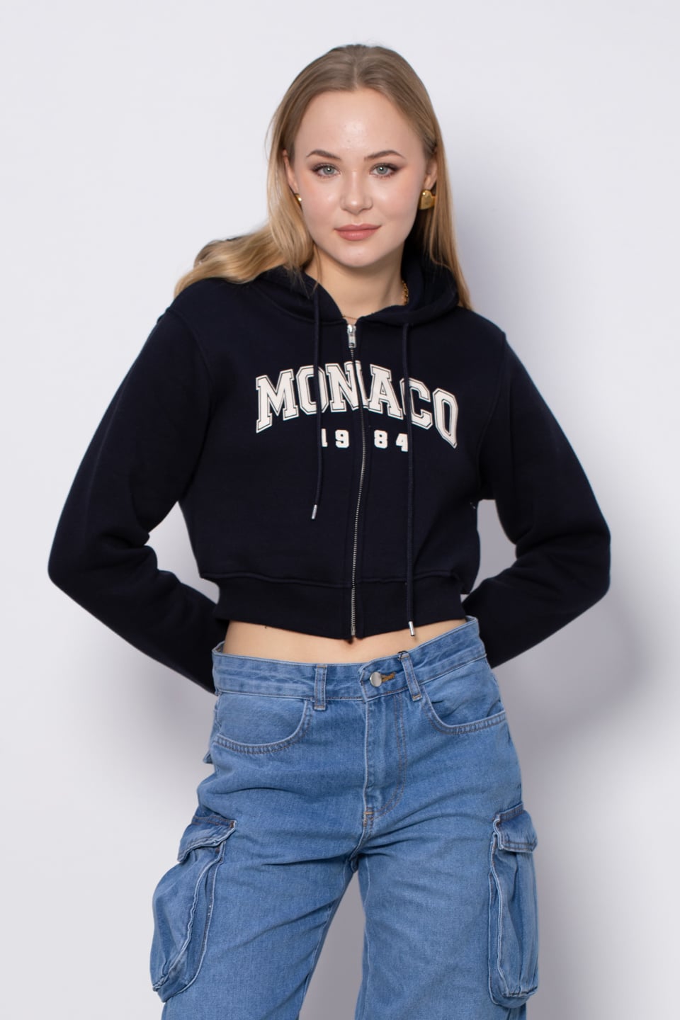 Monaco baskılı fermuarlı sweatshirt-3640 Lacivert