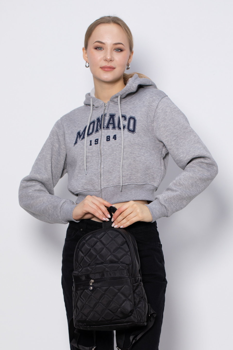 Monaco baskılı fermuarlı sweatshirt-3640 Gri Melanj