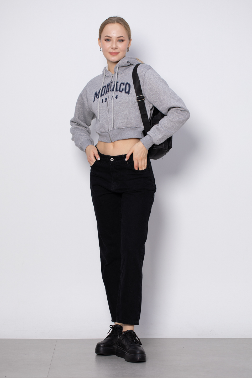 Monaco baskılı fermuarlı sweatshirt-3640 Gri Melanj