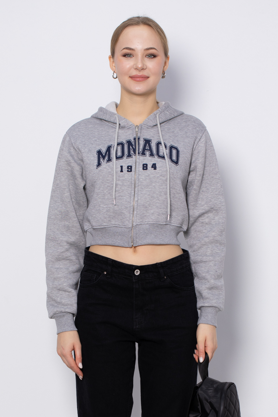 Monaco baskılı fermuarlı sweatshirt-3640 Gri Melanj