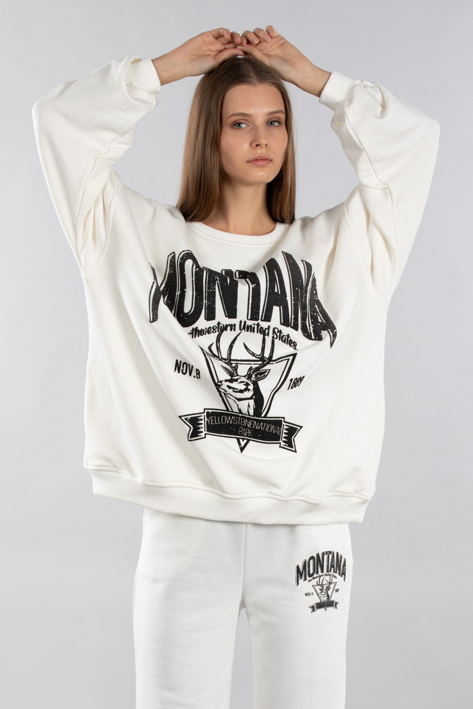 Montana baskılı bisiklet yaka sweatshirt-5163 Ekru/Siyah