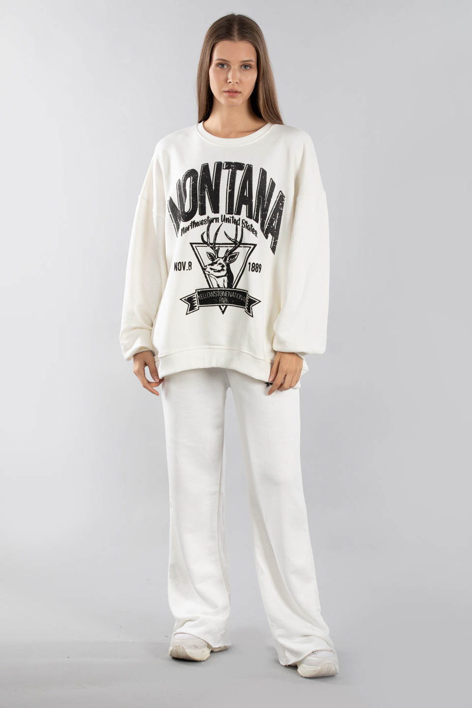 Montana baskılı bisiklet yaka sweatshirt-5163 Ekru/Siyah