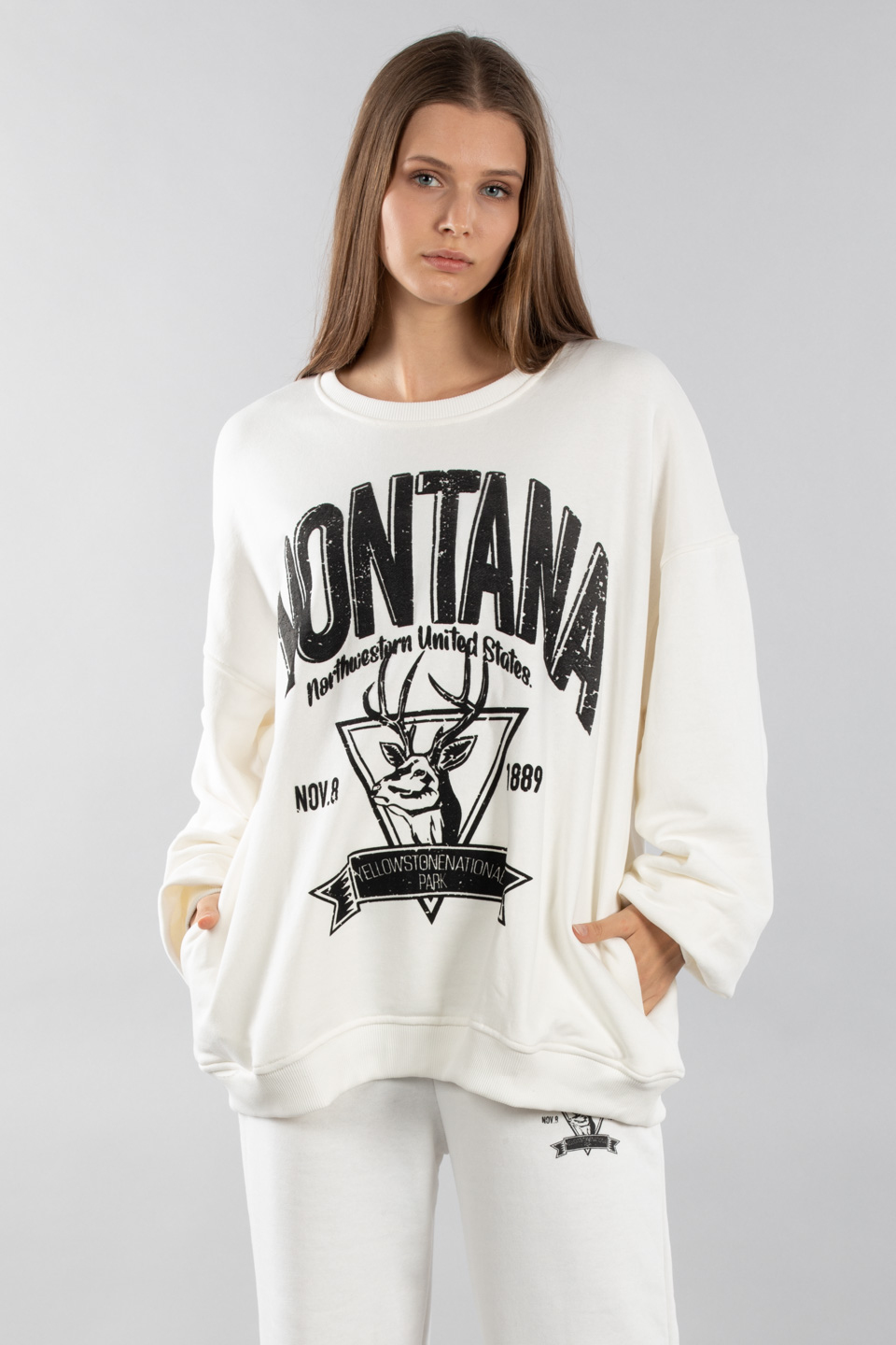 Montana baskılı bisiklet yaka sweatshirt-5163 Ekru/Siyah