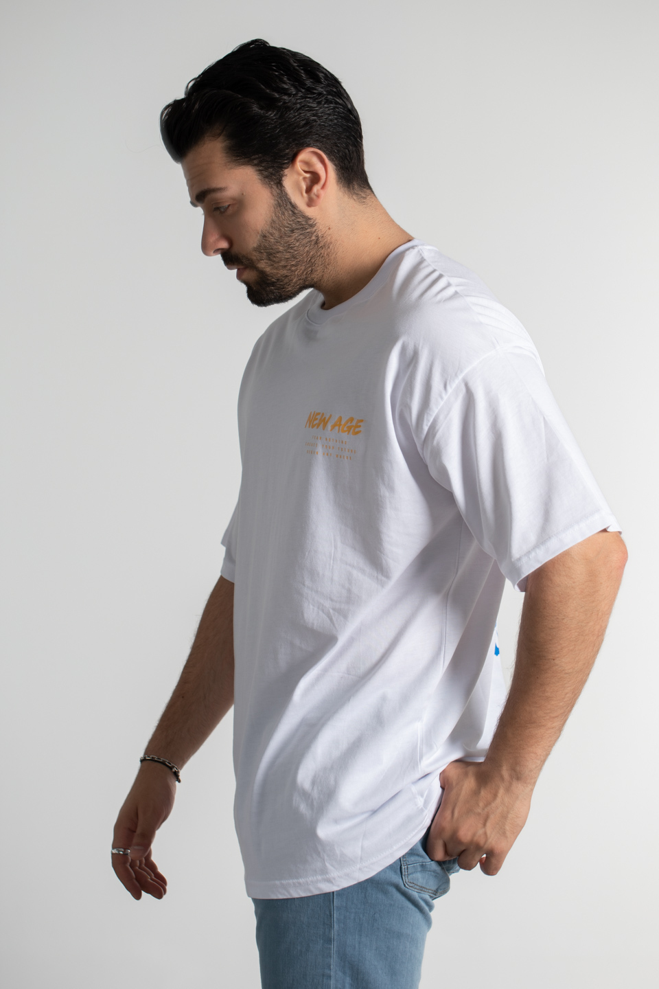 New age baskılı oversize t-shirt-4005 Beyaz