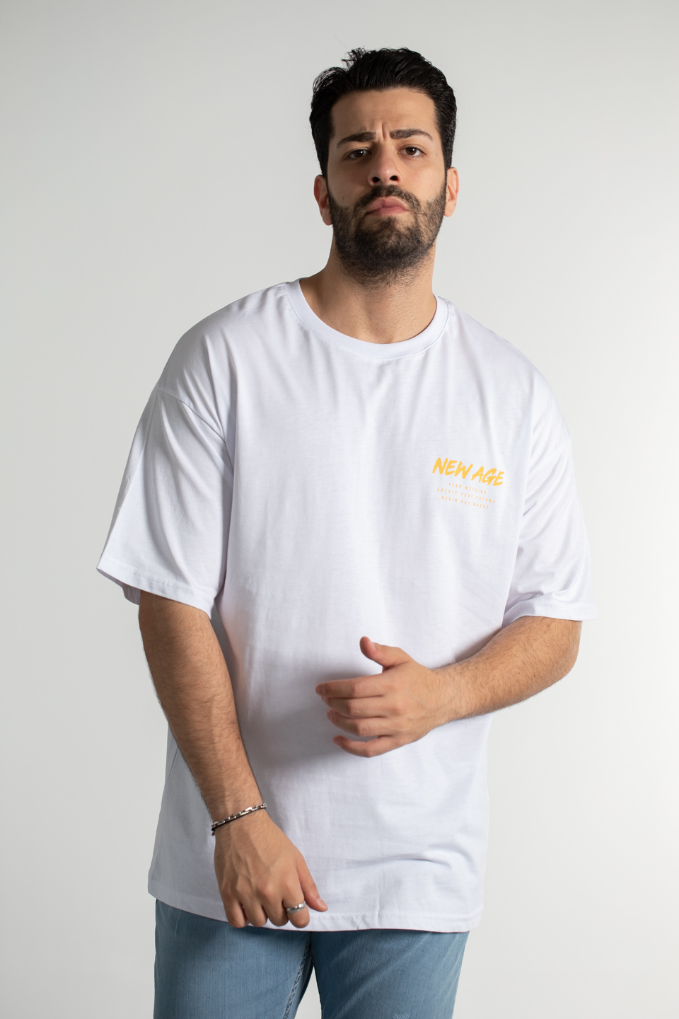 New age baskılı oversize t-shirt-4005 Beyaz