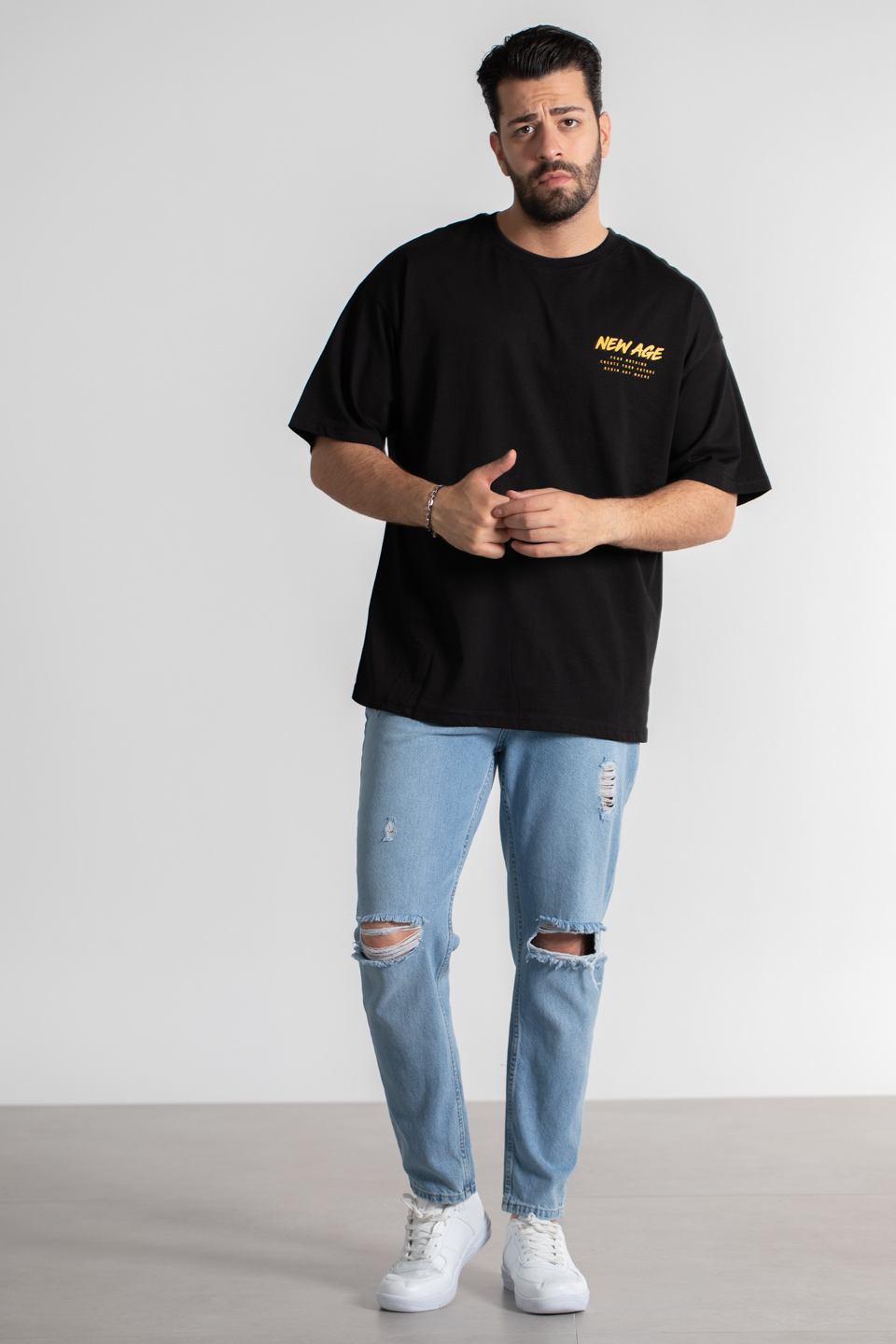 New age baskılı oversize t-shirt-4005 Siyah