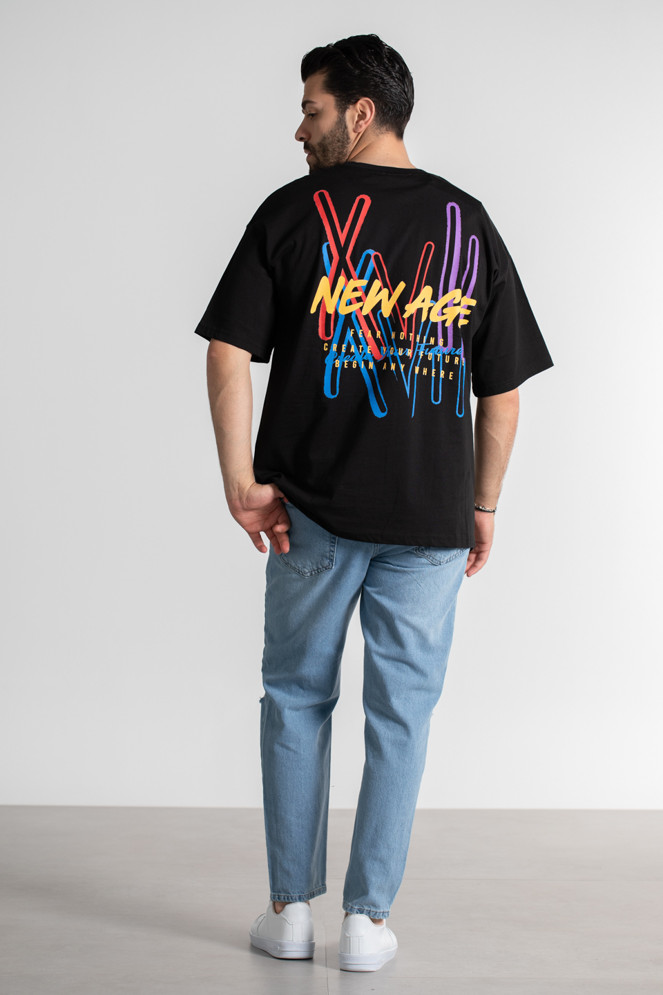 New age baskılı oversize t-shirt-4005 Siyah