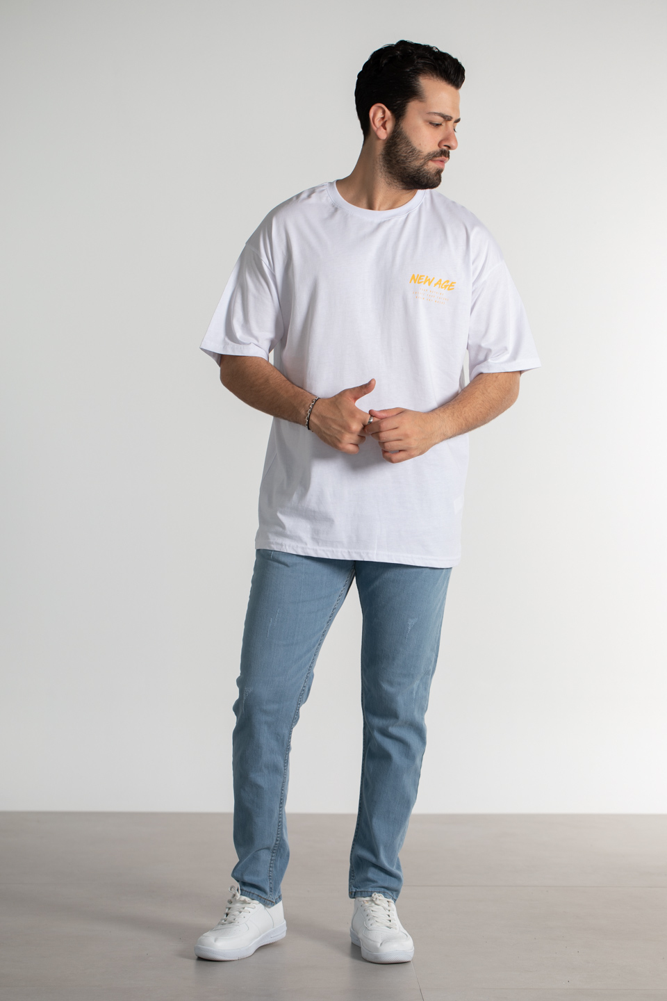 New age baskılı oversize t-shirt-4005 Beyaz