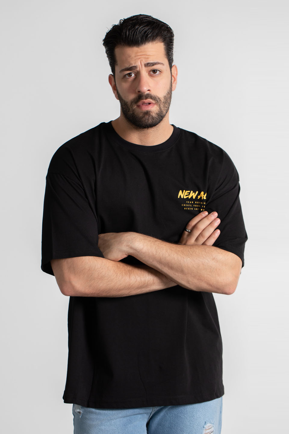 New age baskılı oversize t-shirt-4005 Siyah