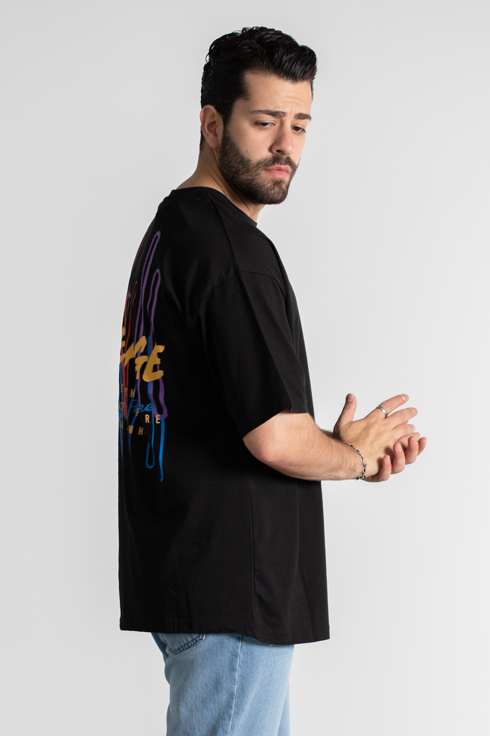 New age baskılı oversize t-shirt-4005 Siyah