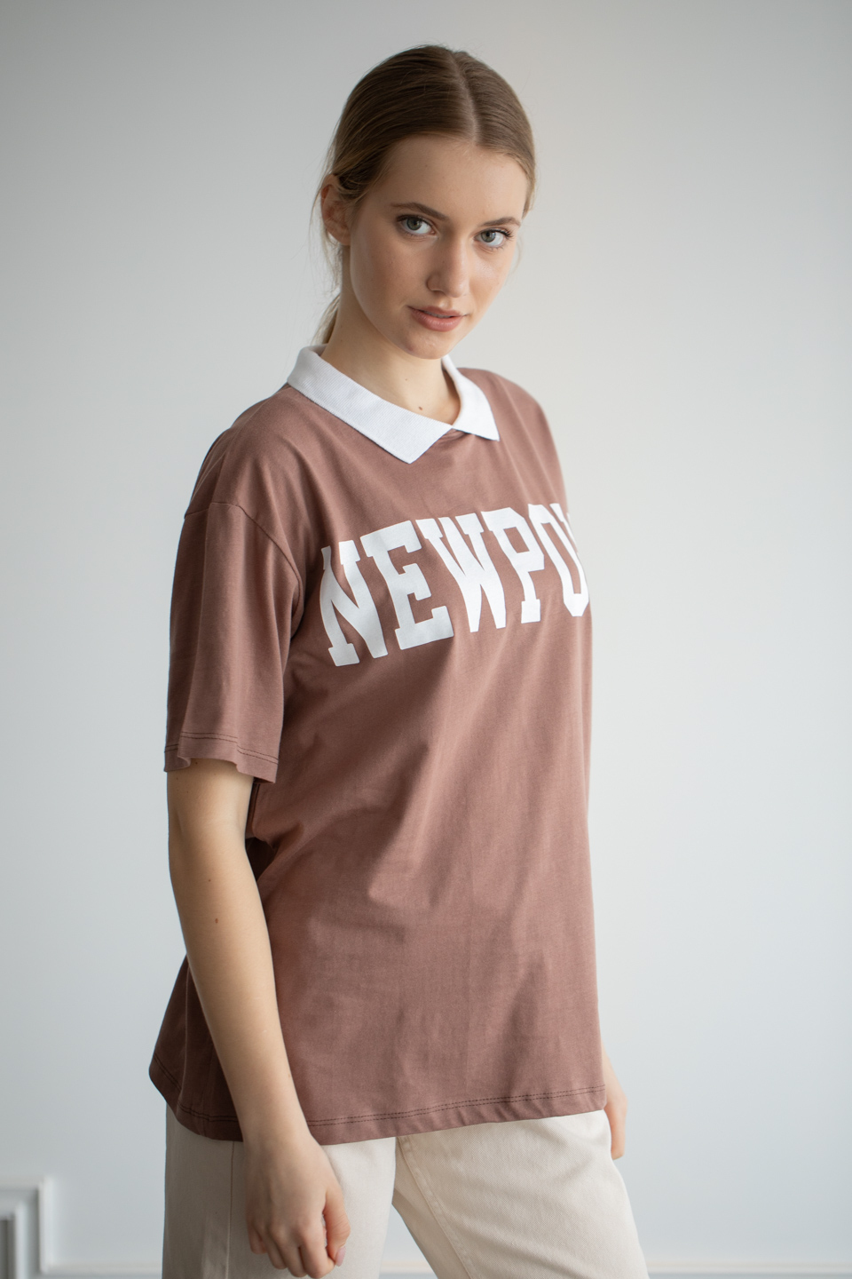 Newport baskılı basıc t-shirt-6260 Kahve