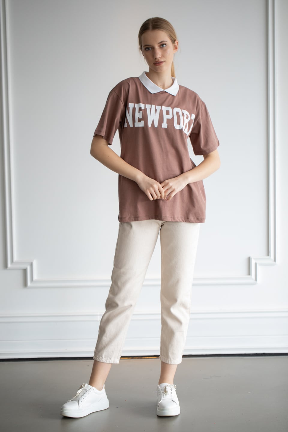 Newport baskılı basıc t-shirt-6260 Kahve