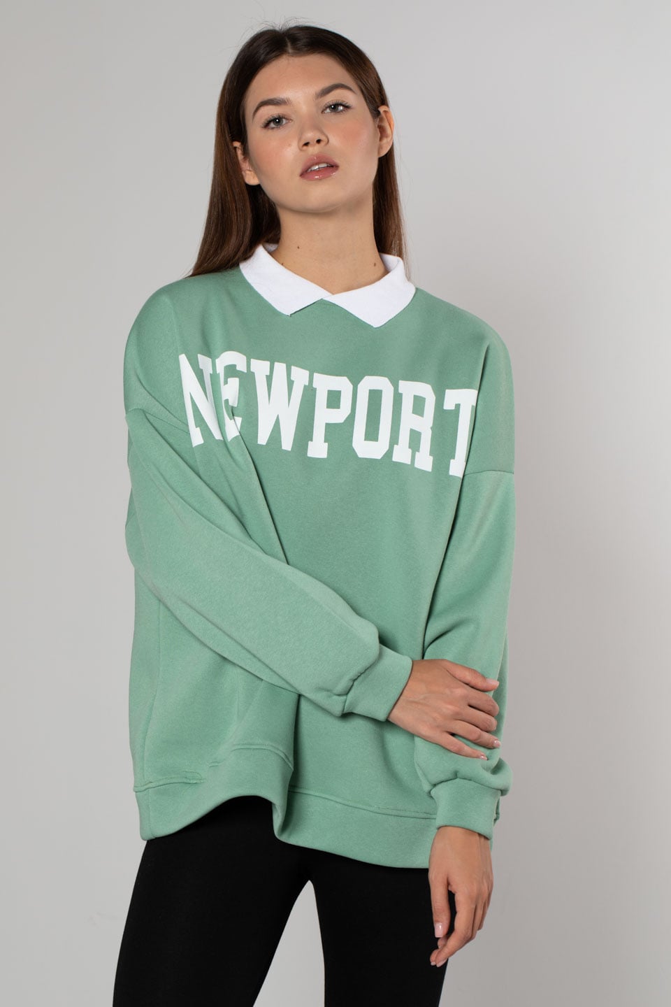 Newport Baskılı Gömlek Yaka Sweatshirt-Mint