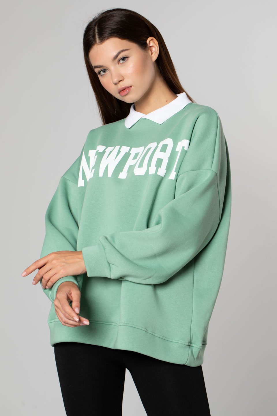 Newport Baskılı Gömlek Yaka Sweatshirt-Mint