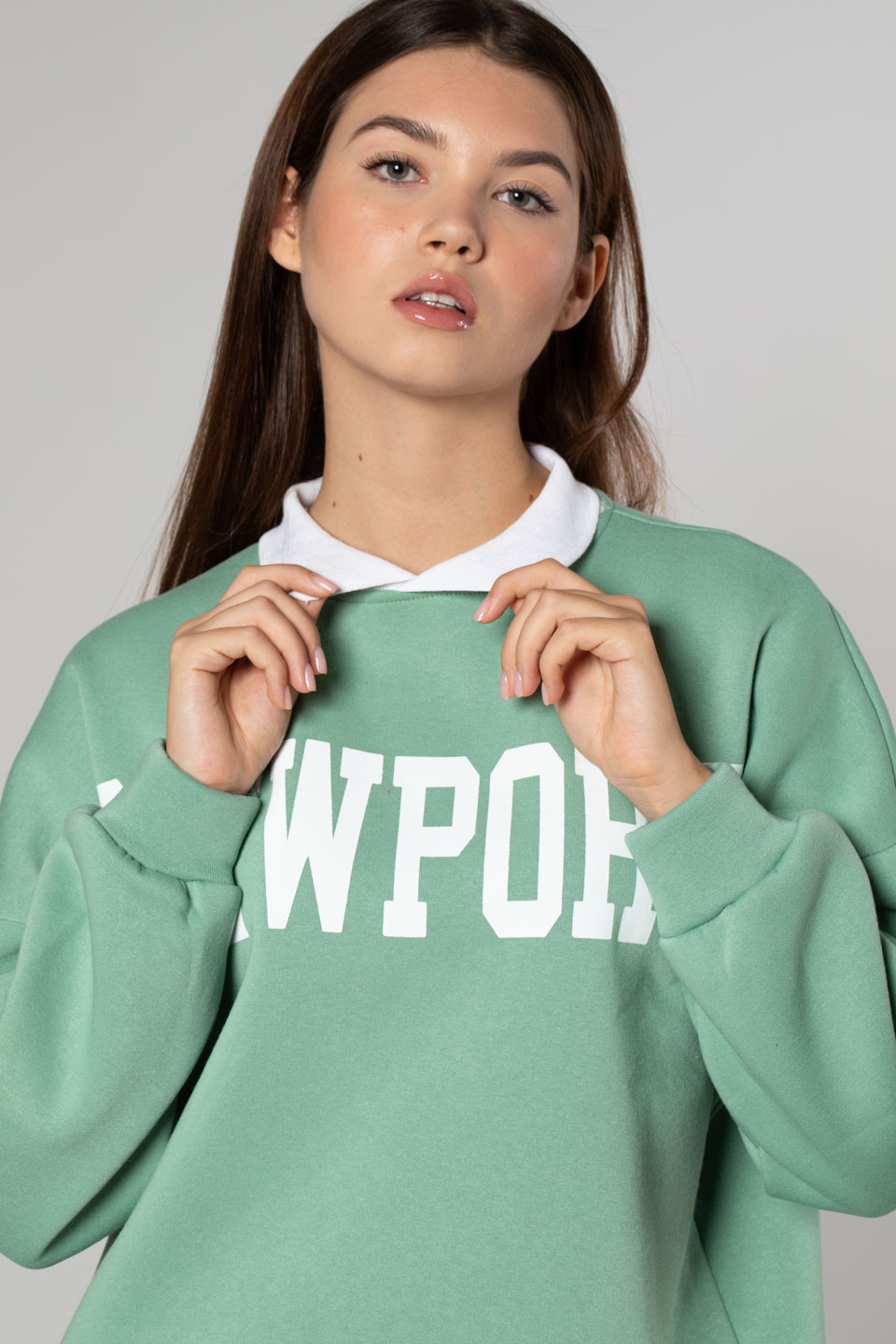 Newport Baskılı Gömlek Yaka Sweatshirt-Mint