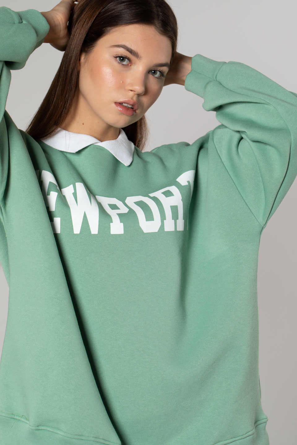 Newport Baskılı Gömlek Yaka Sweatshirt-Mint