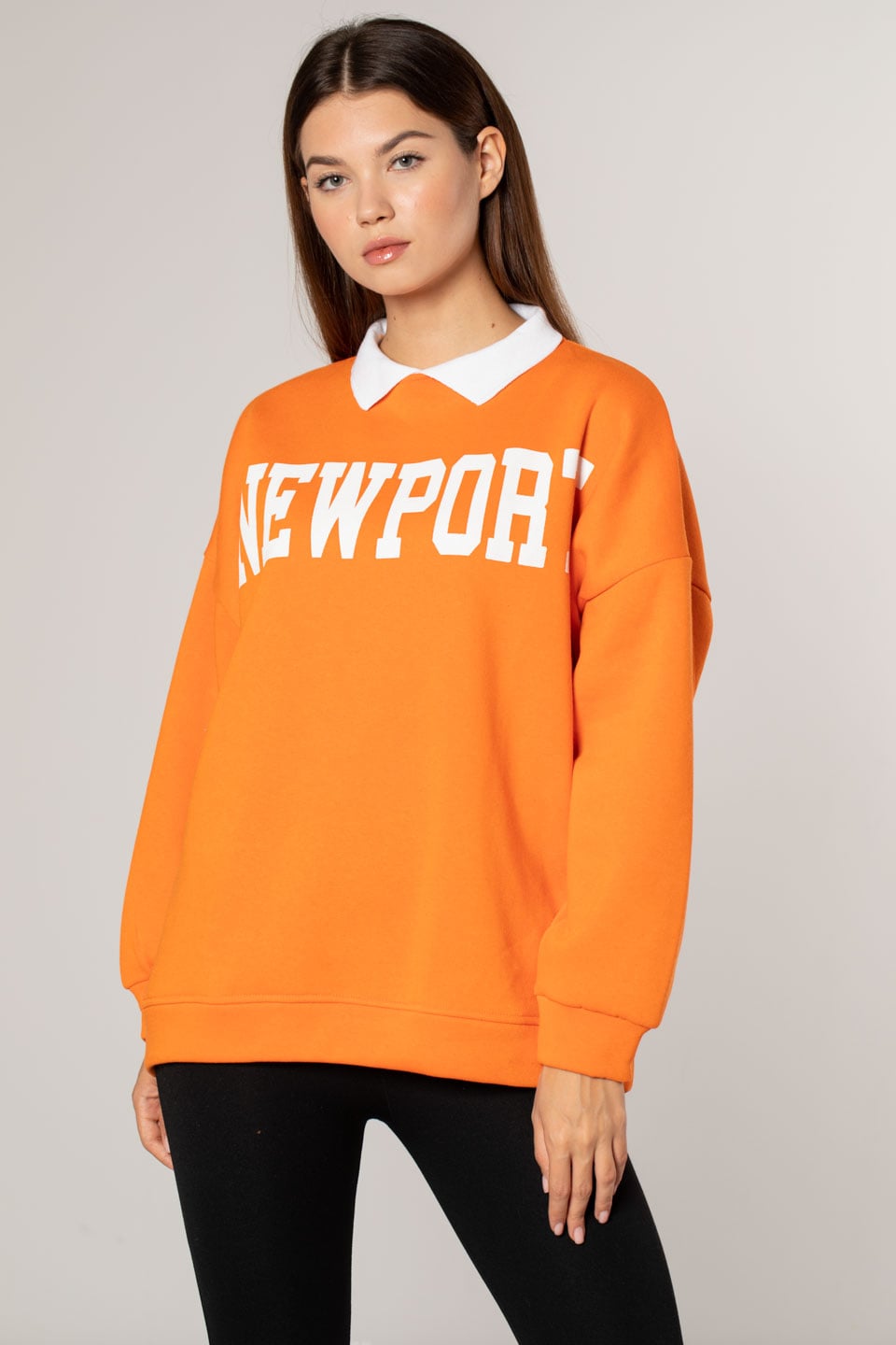 Newport Baskılı Gömlek Yaka Sweatshirt-Oranj