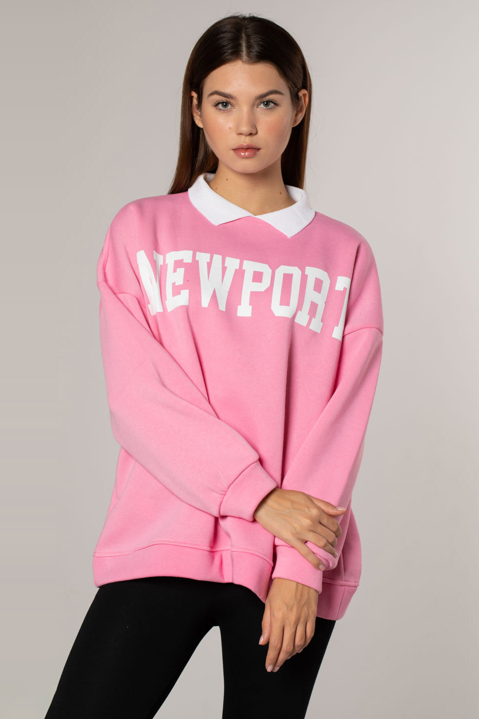 Newport Baskılı Gömlek Yaka Sweatshirt-Ş.Pembe