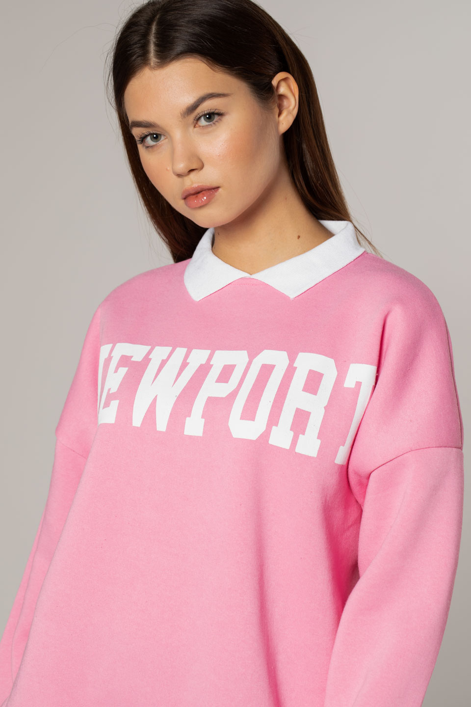 Newport Baskılı Gömlek Yaka Sweatshirt-Ş.Pembe