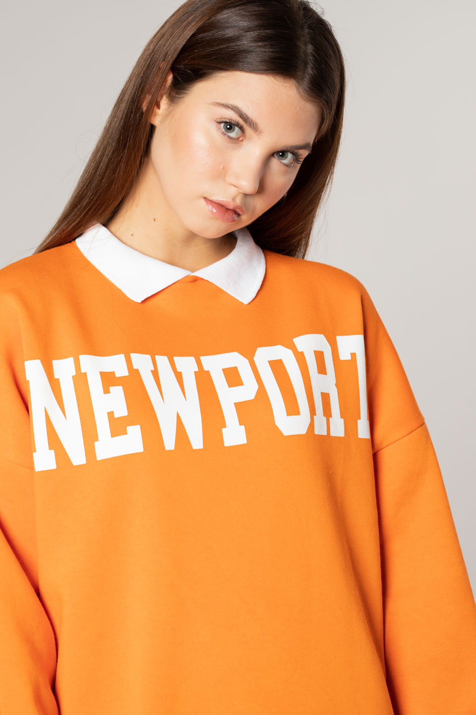 Newport Baskılı Gömlek Yaka Sweatshirt-Oranj