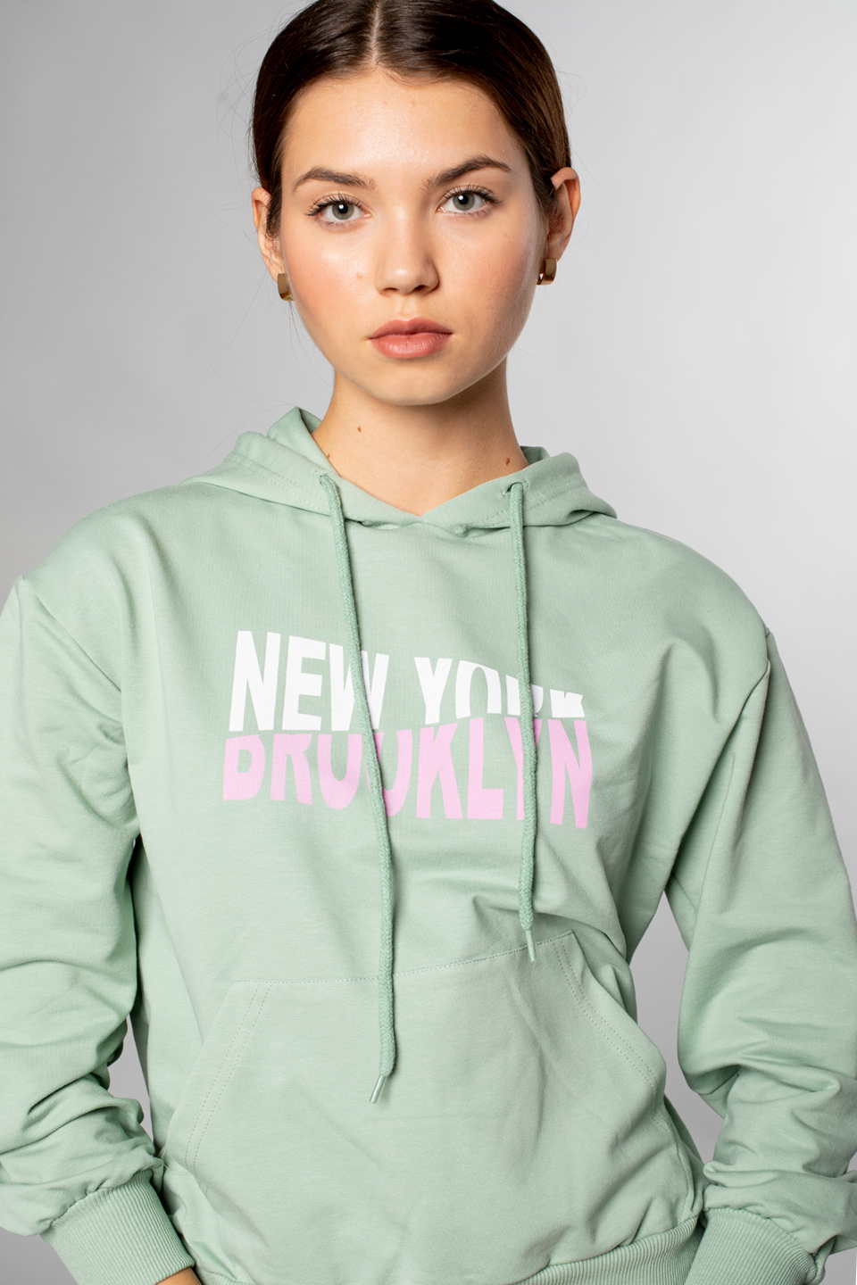 Newyork Yazı Baskılı Kapüşonlu Sweatshirt-Çağla