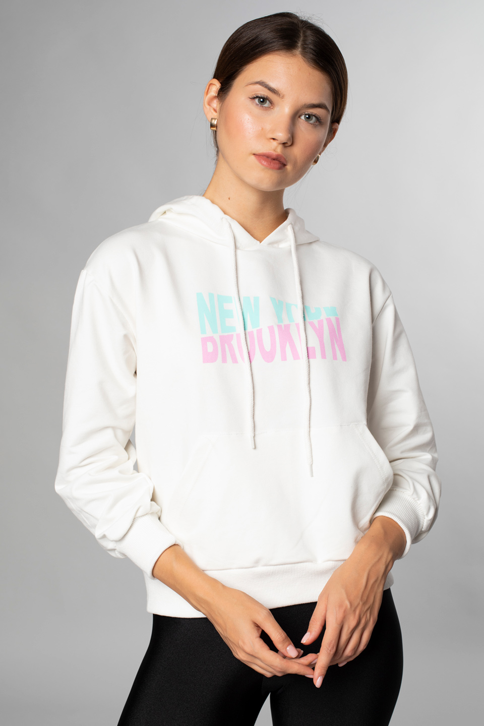 Newyork Yazı Baskılı Kapüşonlu Sweatshirt-Ekru