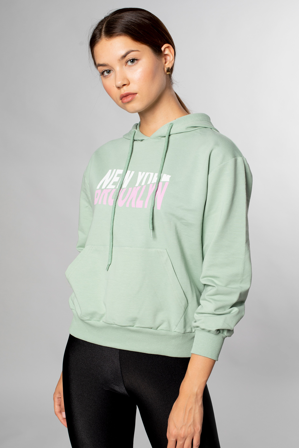 Newyork Yazı Baskılı Kapüşonlu Sweatshirt-Çağla