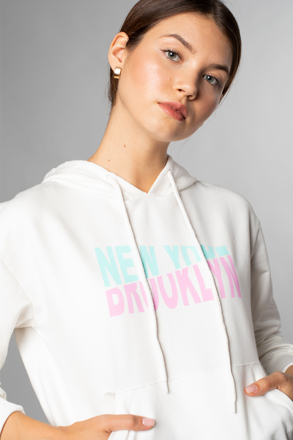 Newyork Yazı Baskılı Kapüşonlu Sweatshirt-Ekru