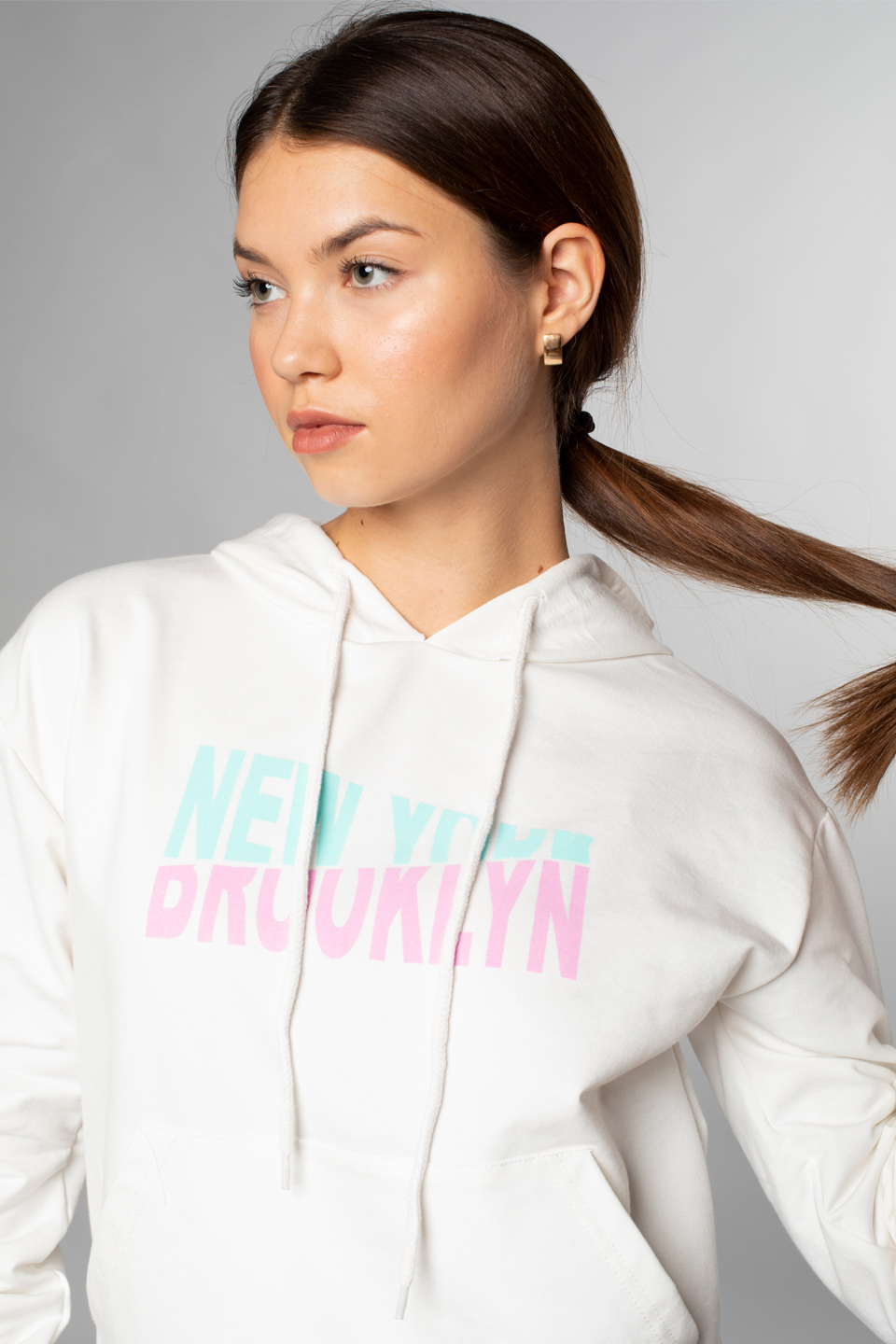 Newyork Yazı Baskılı Kapüşonlu Sweatshirt-Ekru