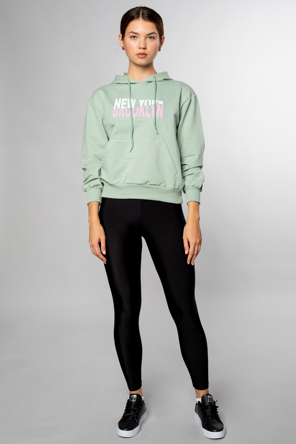 Newyork Yazı Baskılı Kapüşonlu Sweatshirt-Çağla