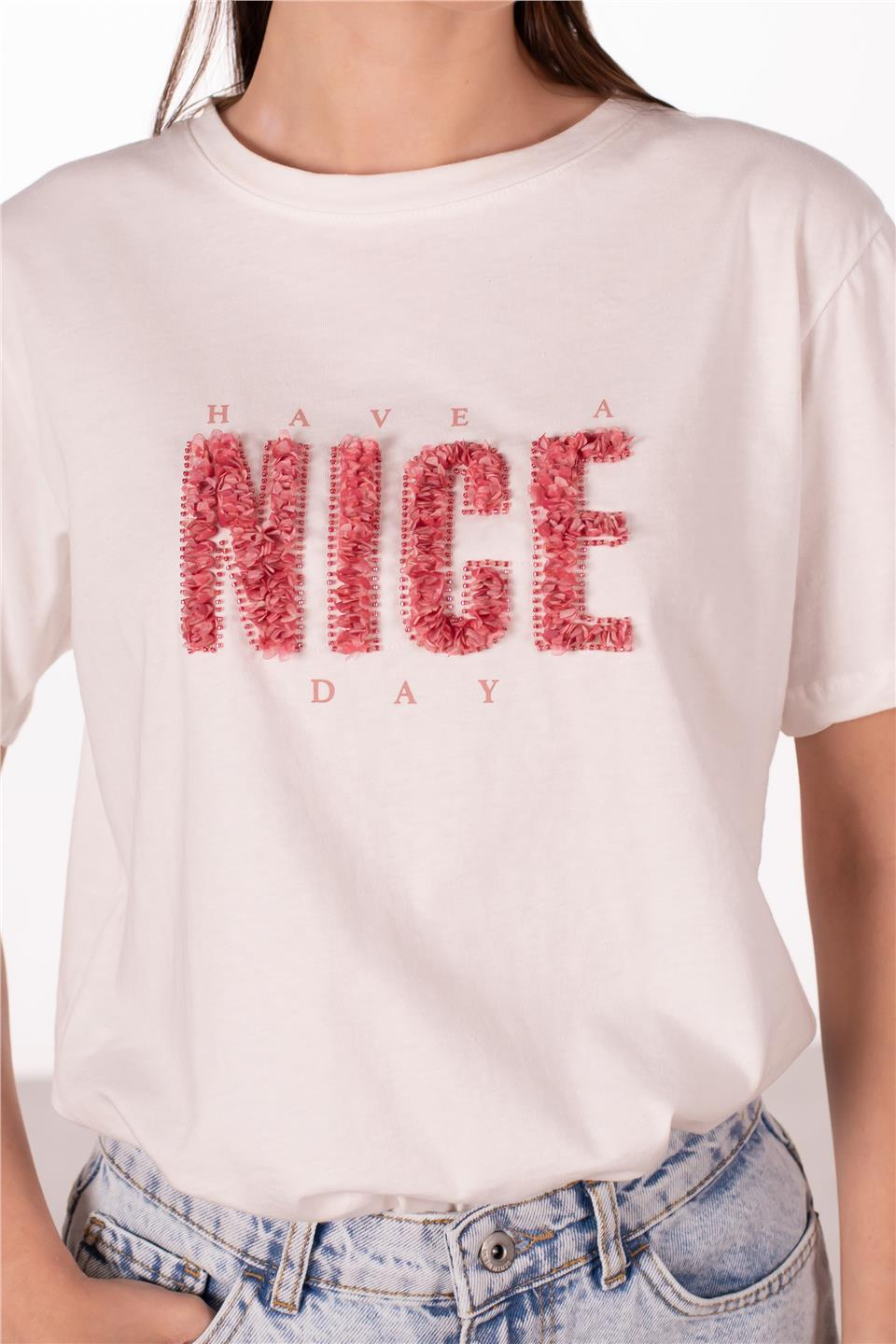 Nice yazılı t-shirt-2507 Beyaz