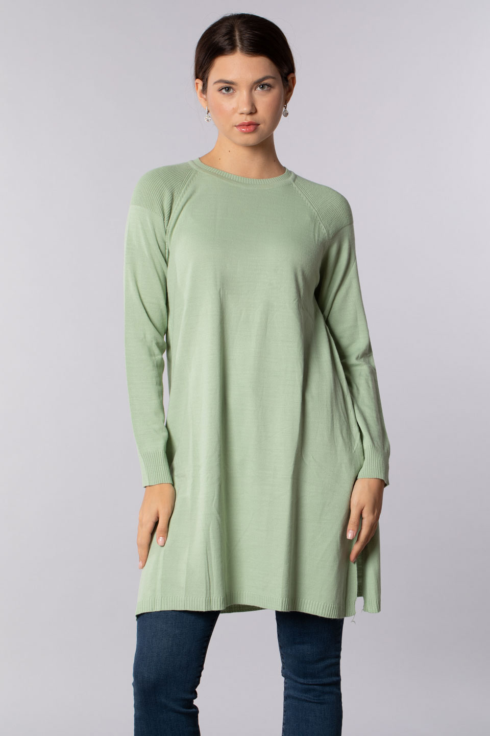 Omuz detaylı bisiklet yaka tunik-1402 Çağla
