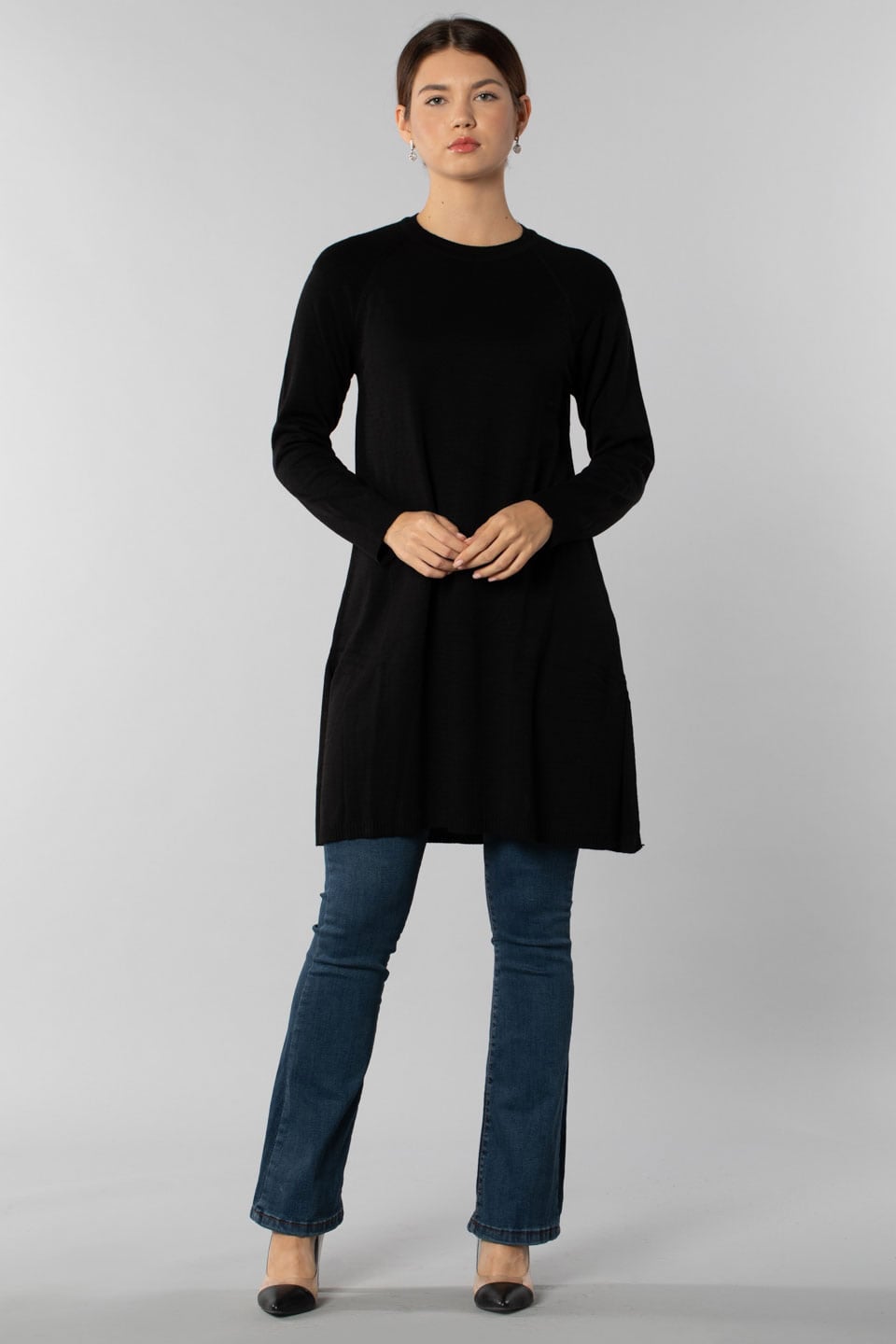 Omuz detaylı bisiklet yaka tunik-1402 Siyah