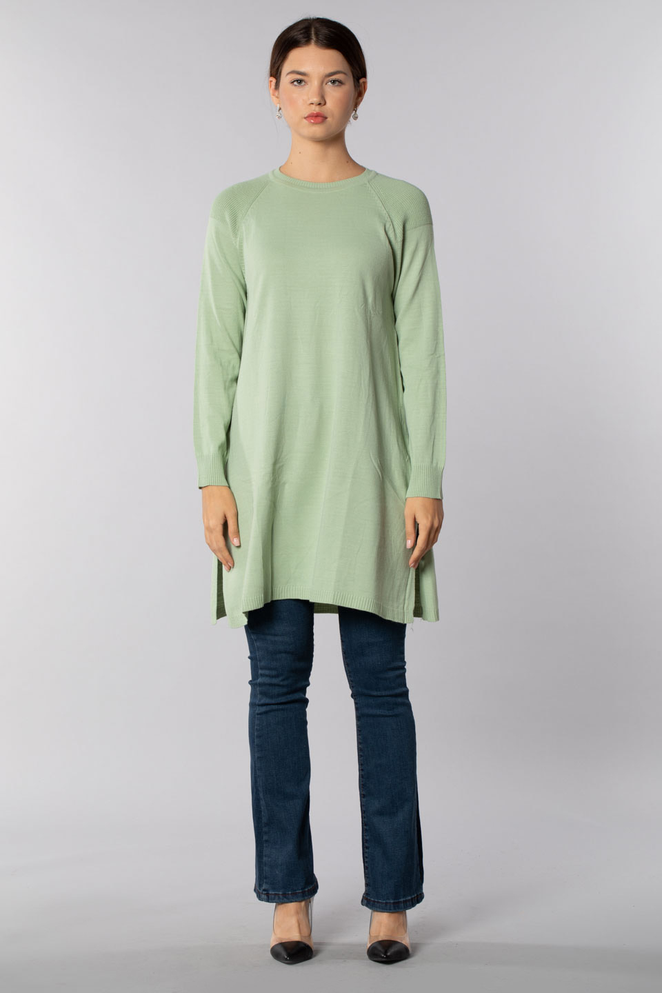 Omuz detaylı bisiklet yaka tunik-1402 Çağla