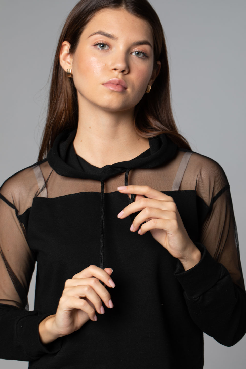 Omuz Detaylı Kapüşonlu Sweatshirt-Siyah