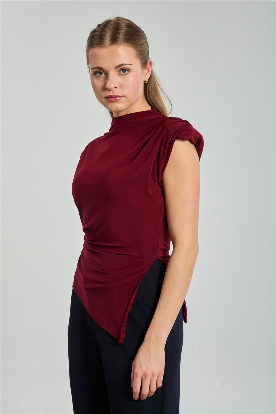 Omuz pile ve vatkalı bluz-13538 Bordo