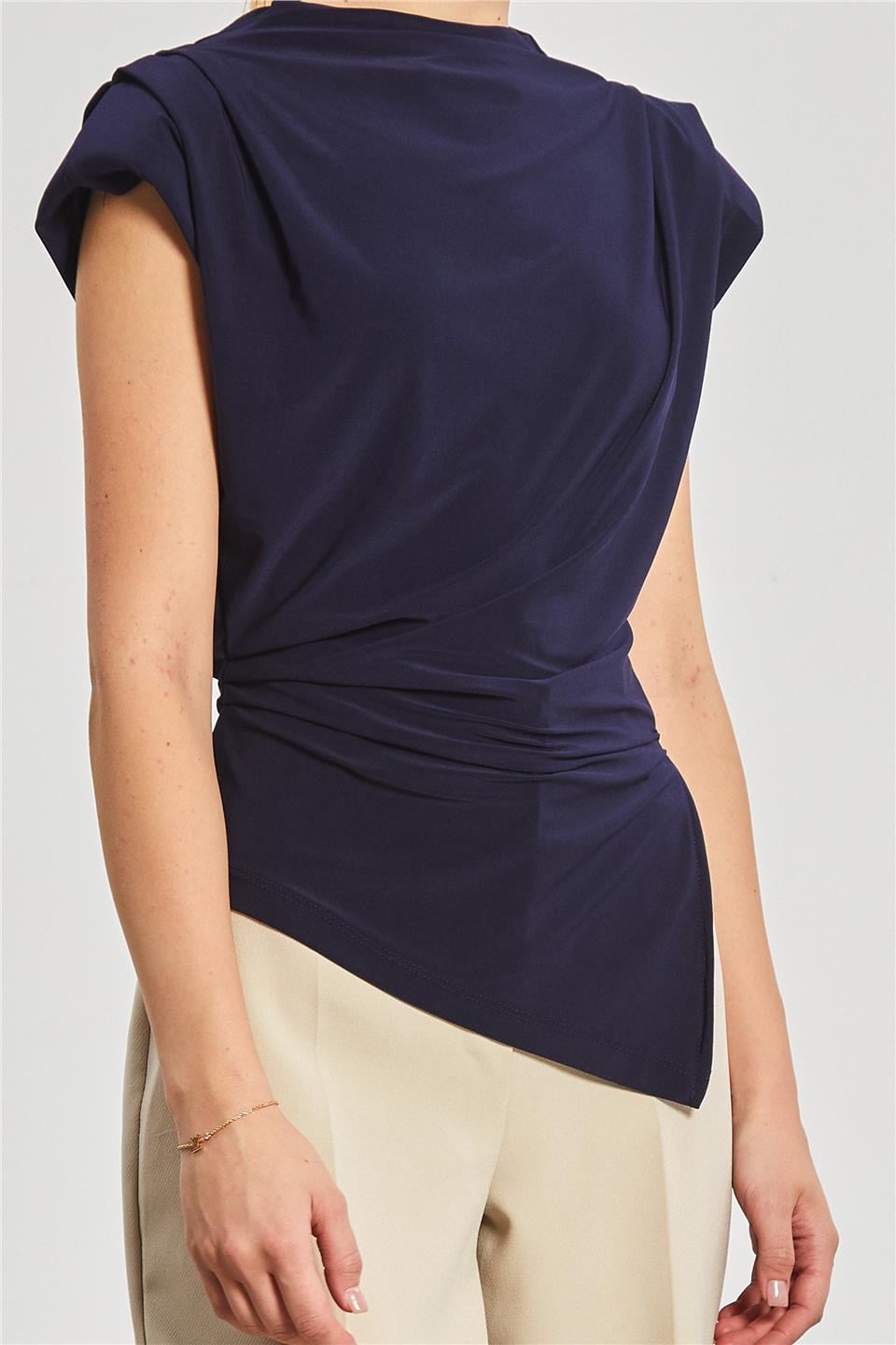 Omuz pile ve vatkalı bluz-13538 Lacivert