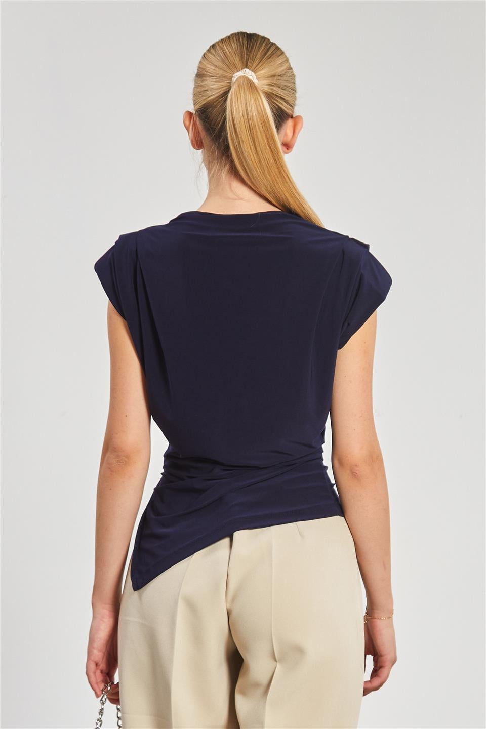 Omuz pile ve vatkalı bluz-13538 Lacivert