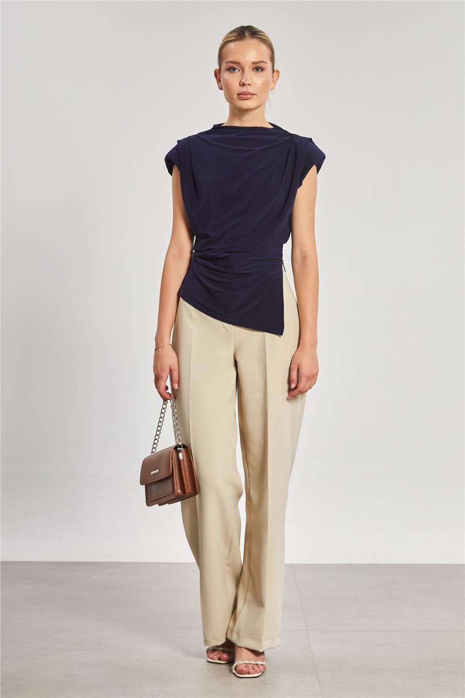 Omuz pile ve vatkalı bluz-13538 Lacivert