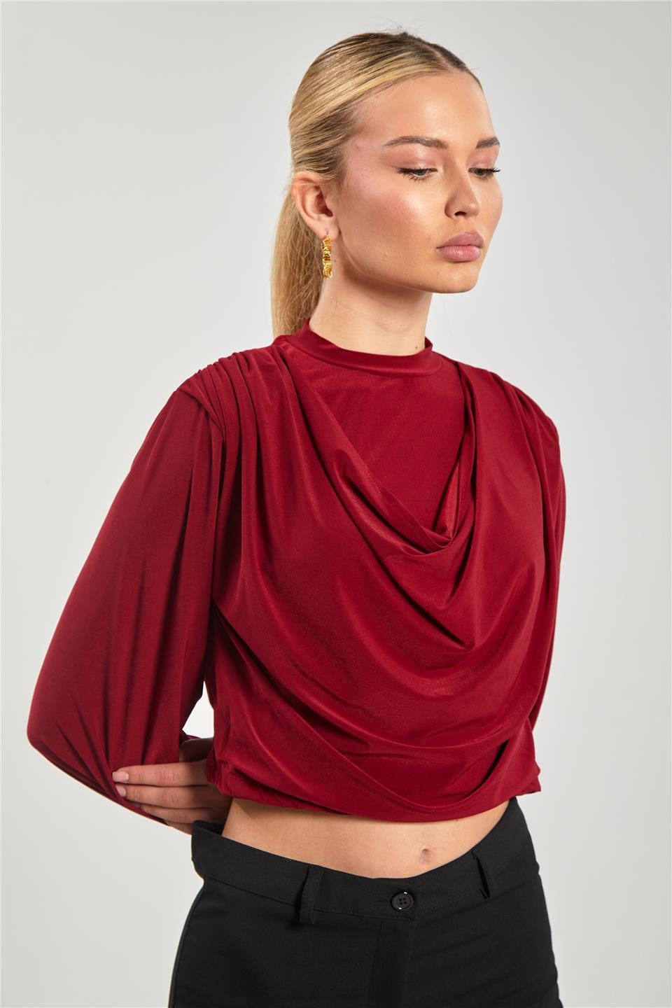 Omuz vatkalı degaje yaka bluz-13660 Bordo