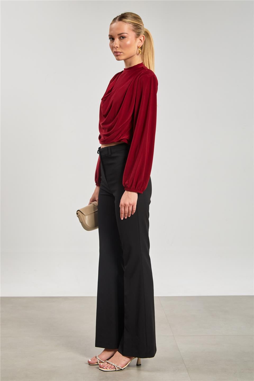 Omuz vatkalı degaje yaka bluz-13660 Bordo