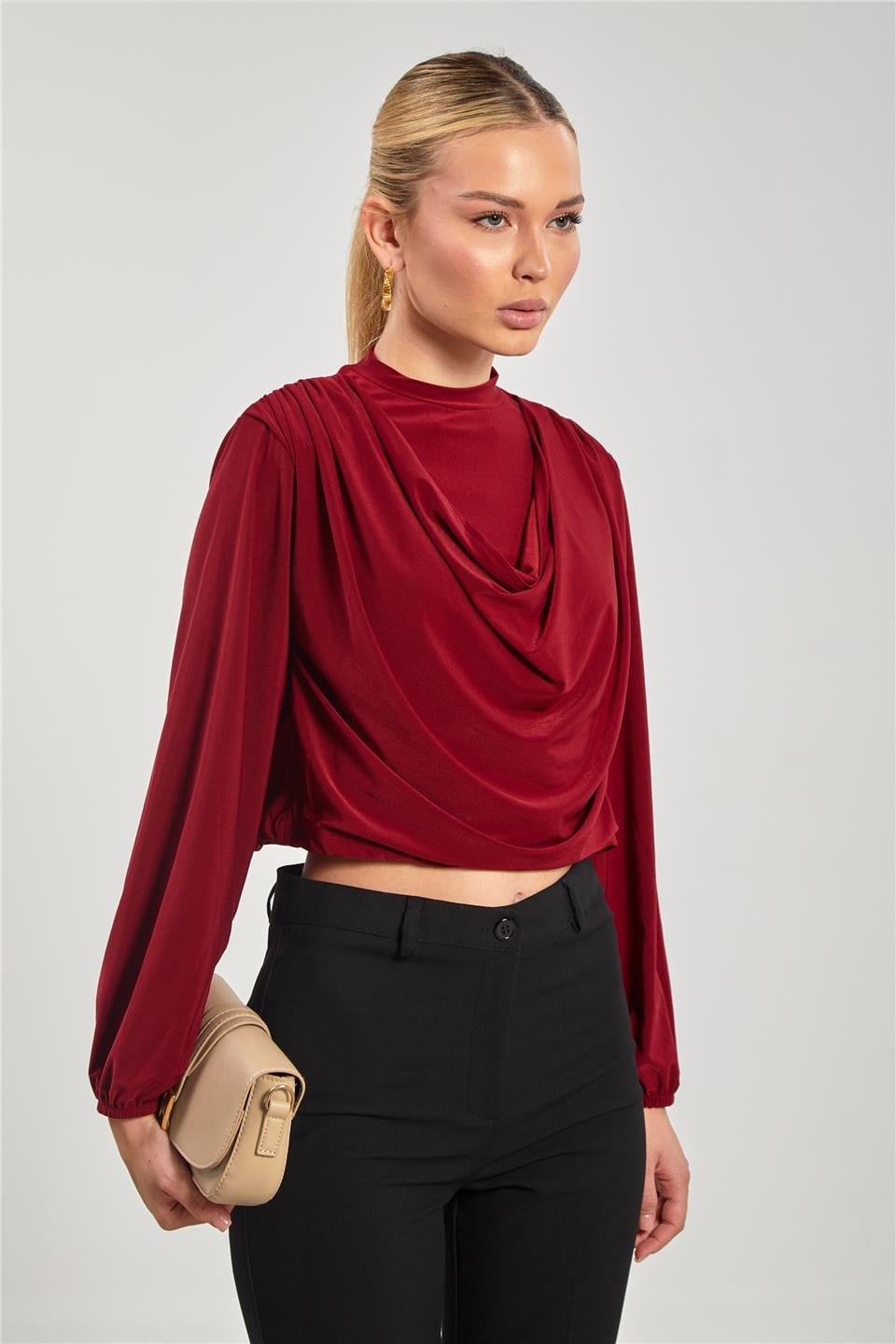 Omuz vatkalı degaje yaka bluz-13660 Bordo