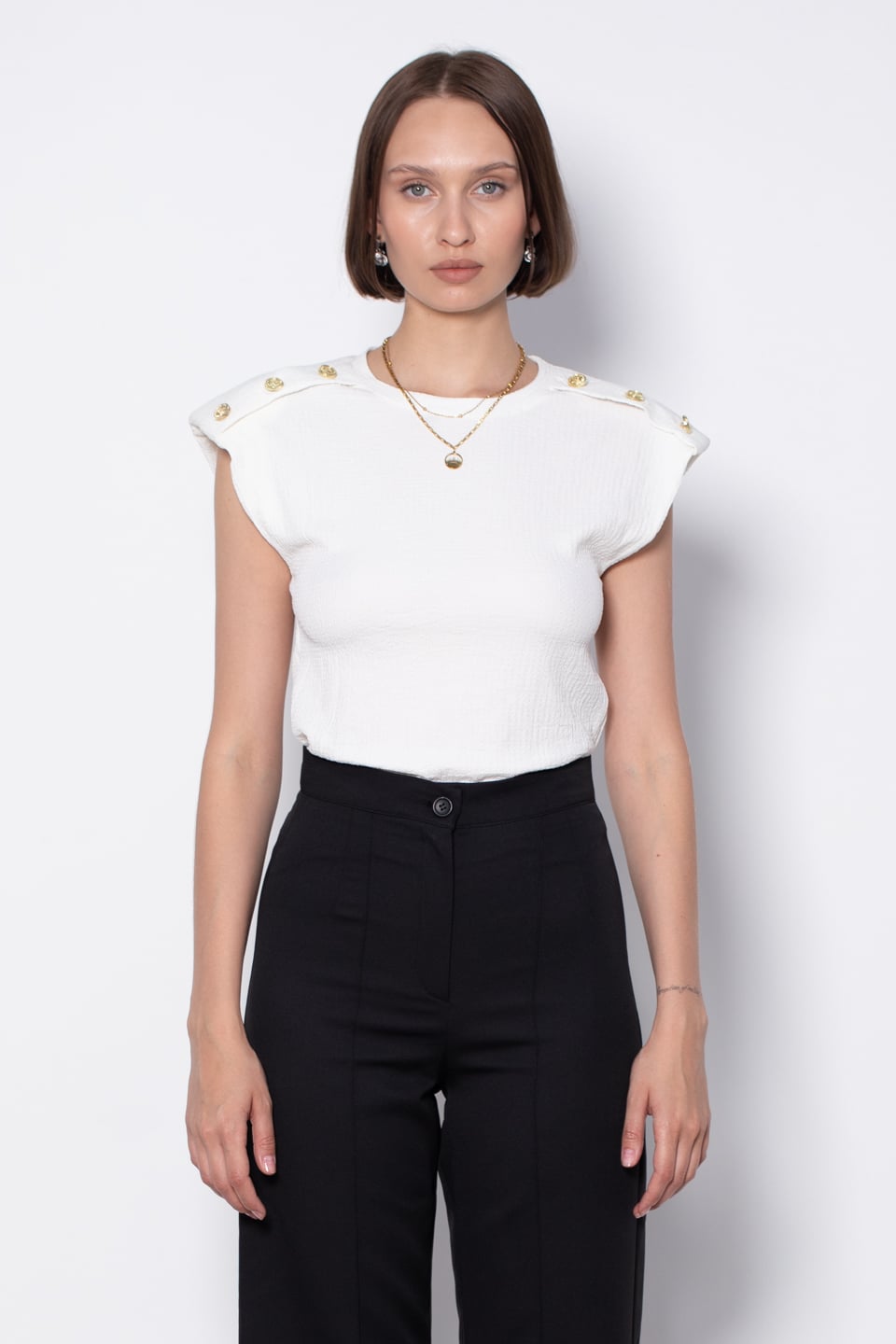 Omzu gold düğmeli t-shirt-5630 Beyaz
