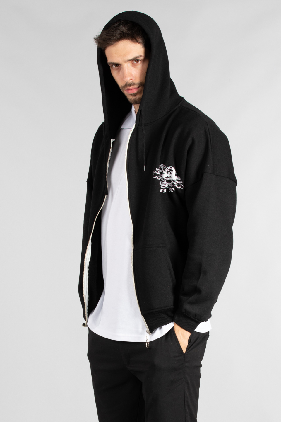 Ön arka baskılı fermuarlı sweatshirt-3940 Siyah