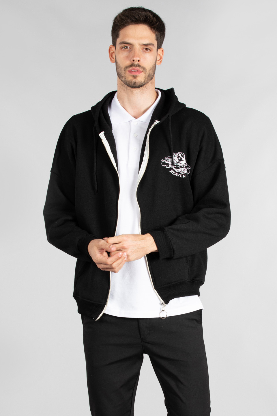 Ön arka baskılı fermuarlı sweatshirt-3940 Siyah