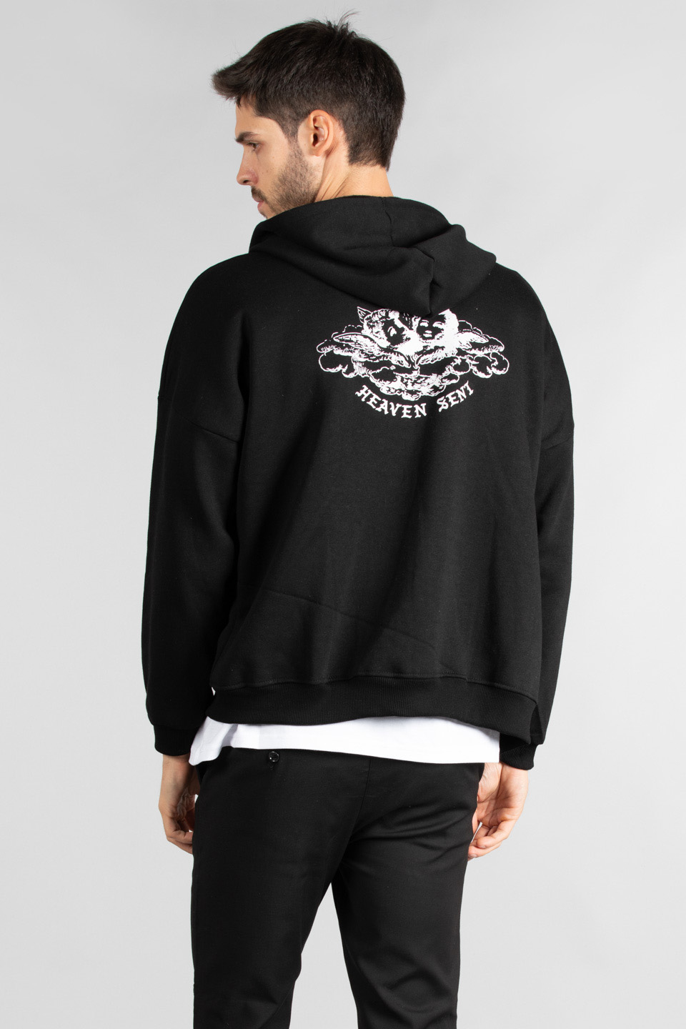 Ön arka baskılı fermuarlı sweatshirt-3940 Siyah