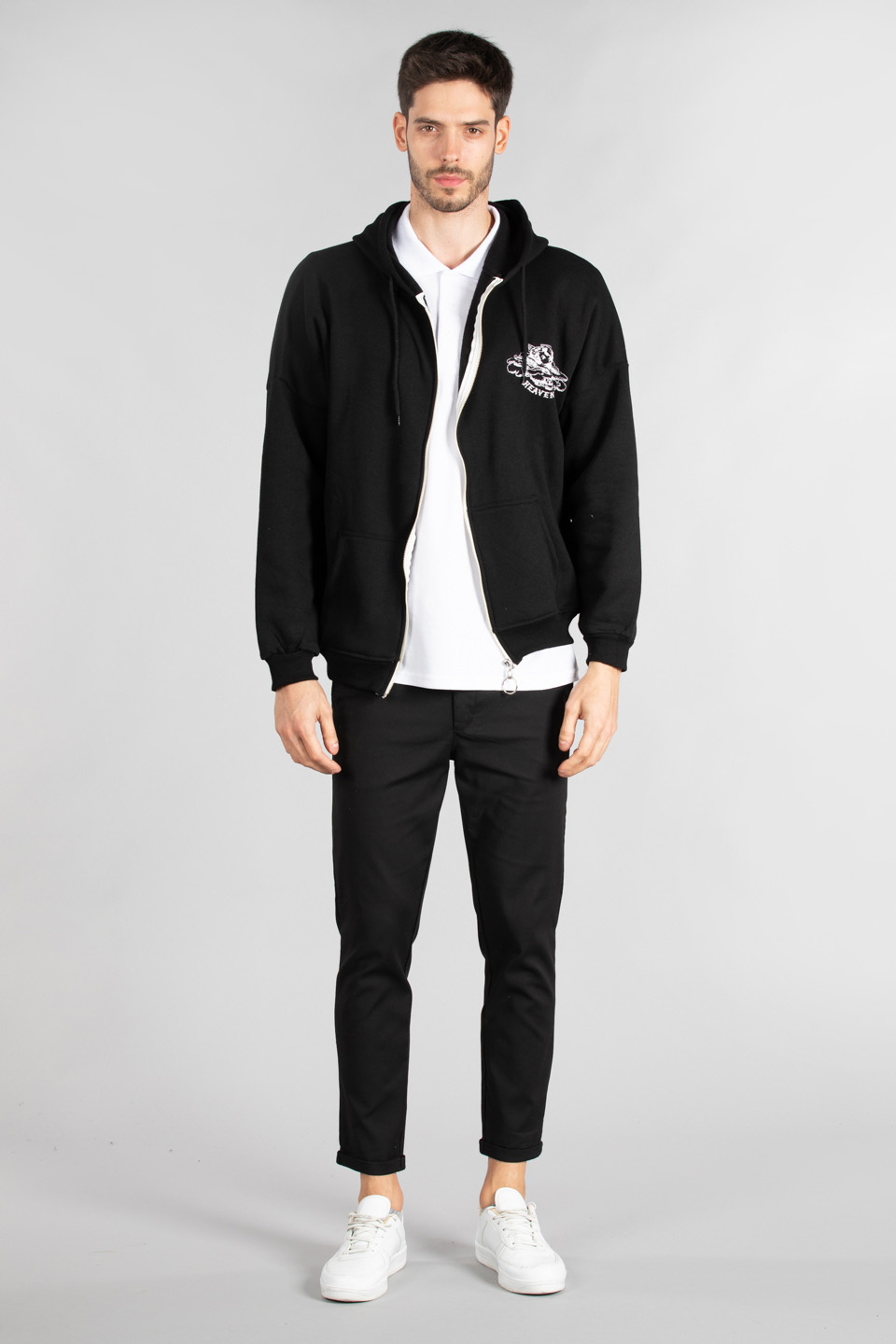 Ön arka baskılı fermuarlı sweatshirt-3940 Siyah