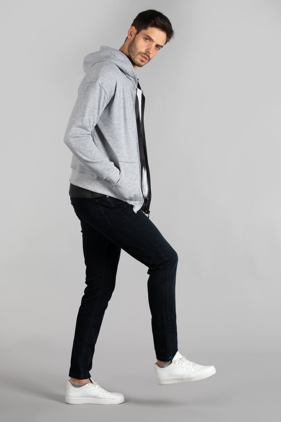Ön arka baskılı fermuarlı sweatshirt-7010 Gri Melanj
