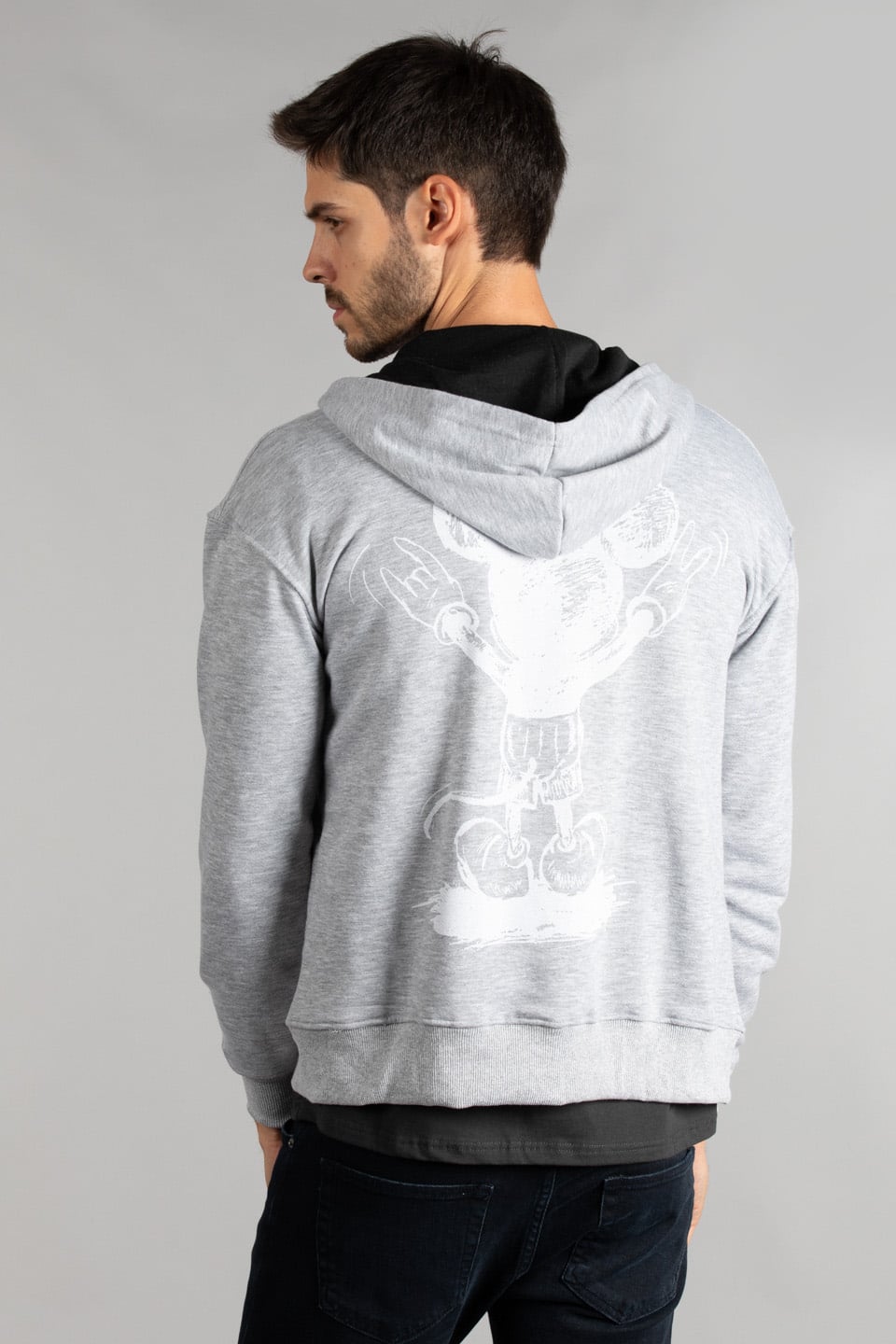 Ön arka baskılı fermuarlı sweatshirt-7010 Gri Melanj