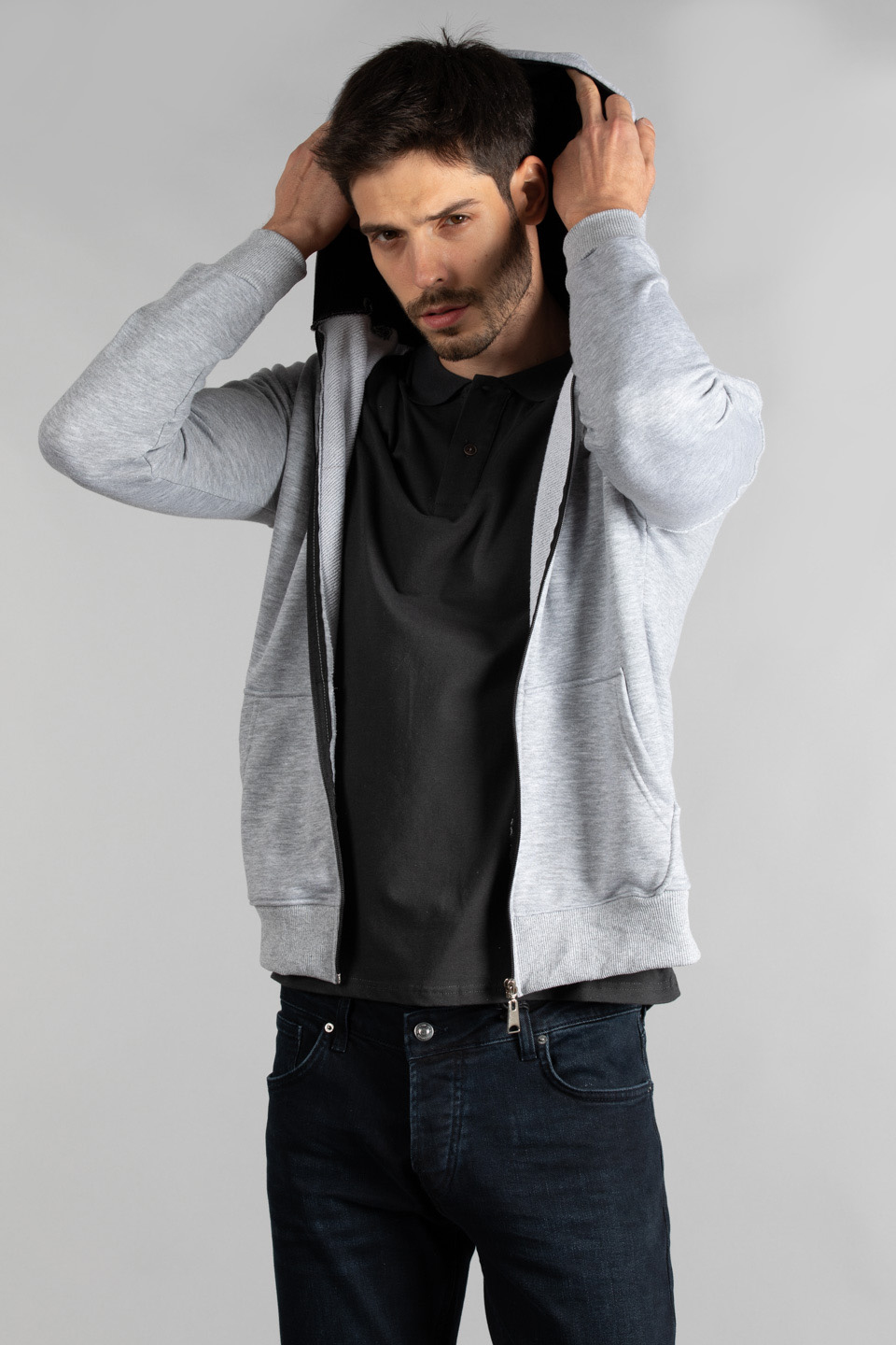 Ön arka baskılı fermuarlı sweatshirt-7010 Gri Melanj